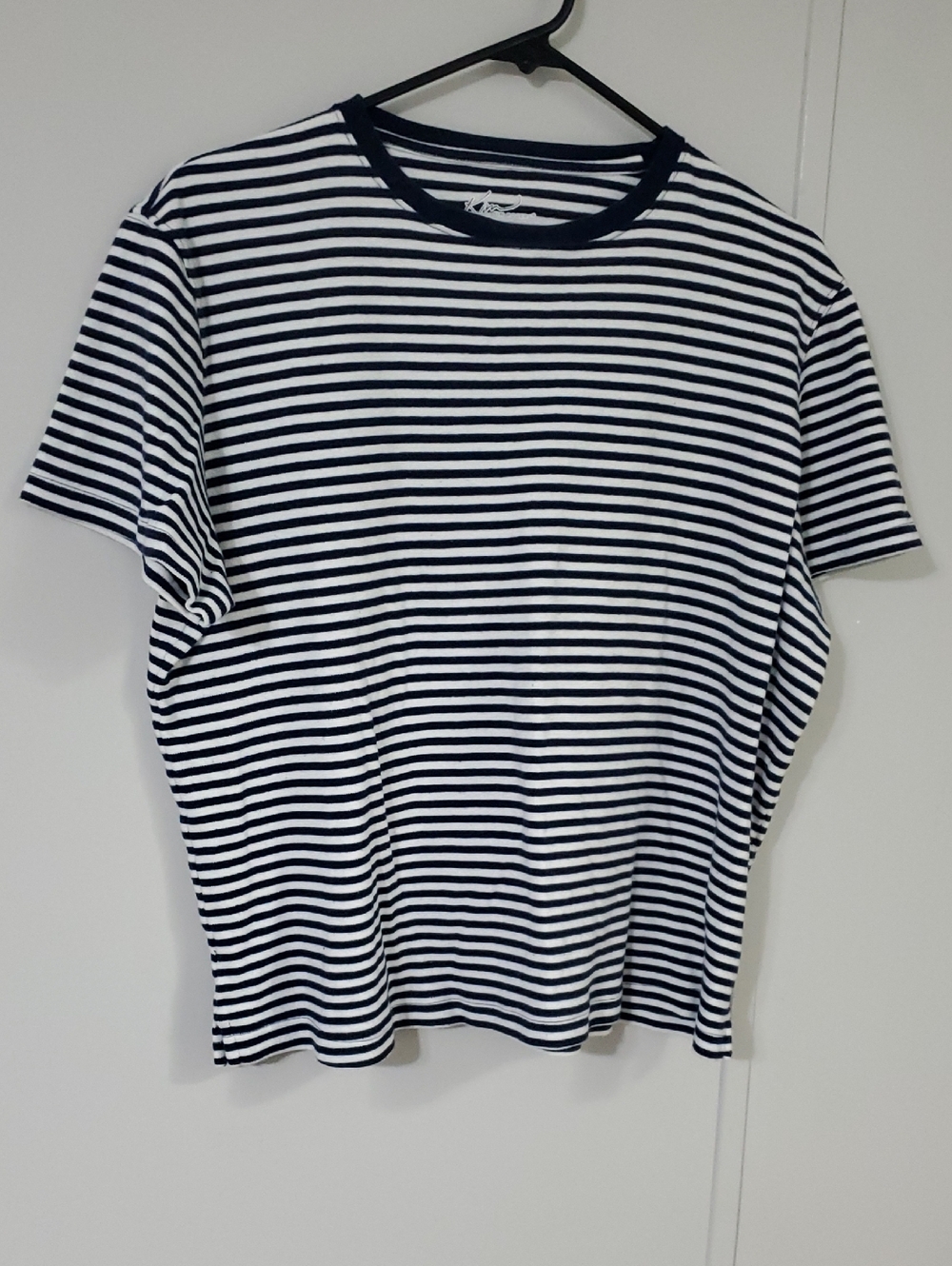 Kim Rogers Navy and White Striped Tee with Script Logo